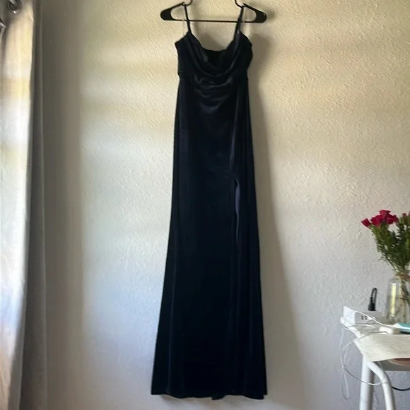 blue velvet cowl neck dress Velvet Cowl Neck Ruched Bodycon Mini Dress, Black / S main image 0